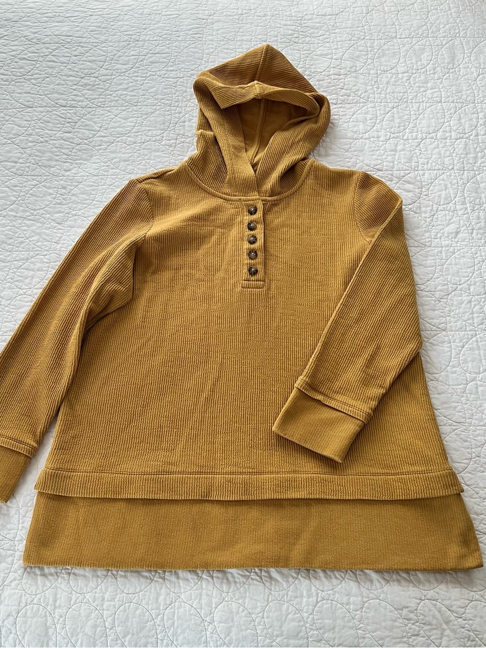 J. Jill Honeywell Mustard Textured Ribbed Hooded Henley Tunic Top Cabincore